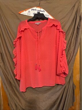 Daniel Rainn Coral Ruffle-Sleeve Swiss Dot Tie Blouse
